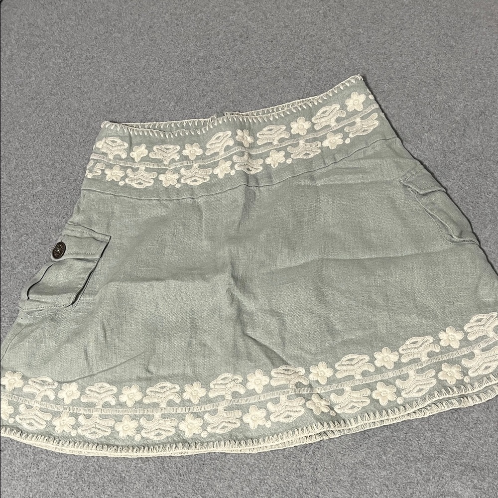 House Of Dereon Linen Mini Skirt Size 4 Embroidered Boho Kawaii Coastal Beach